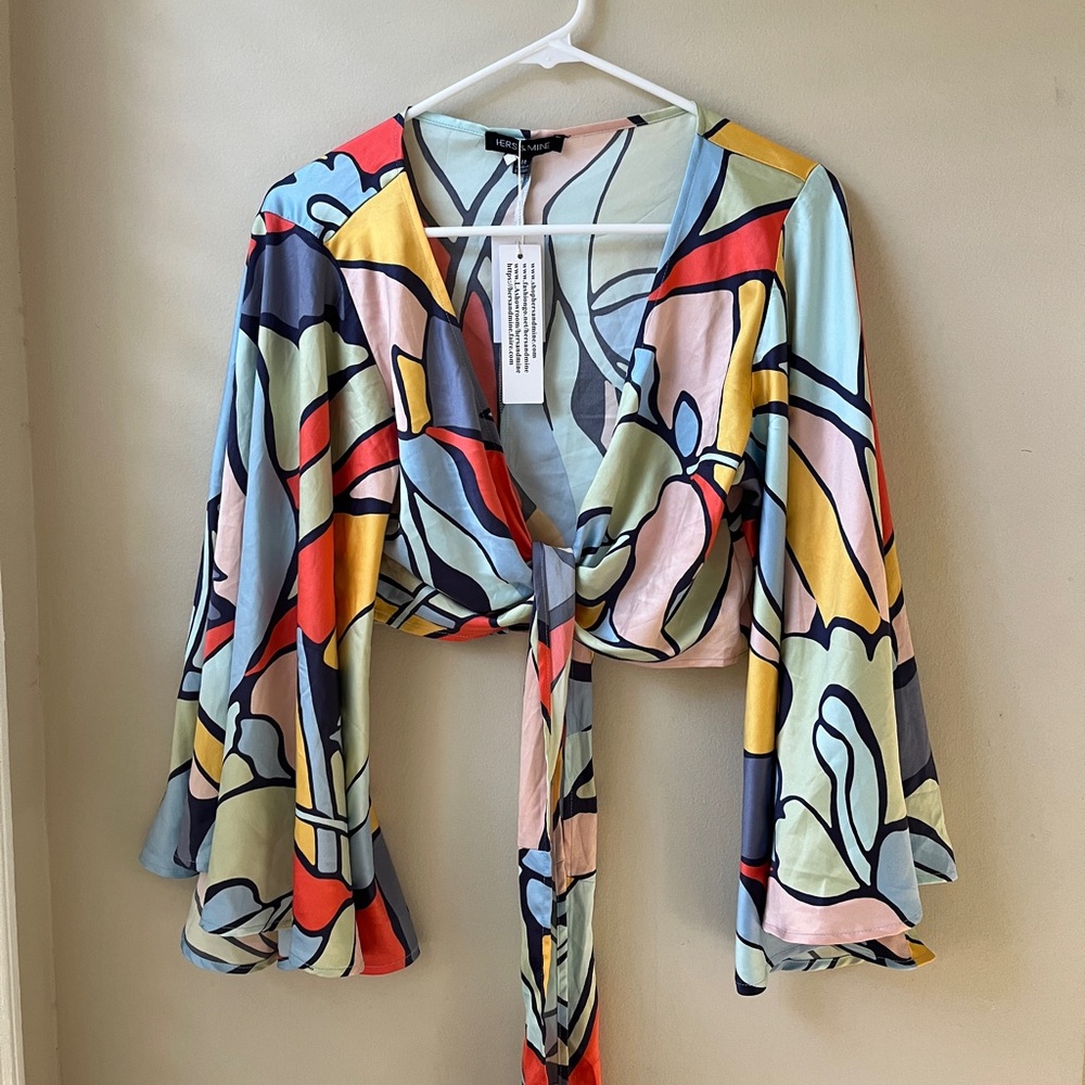 NWT Hers & Mine Vivid Multicolor Abstract Wrap Top